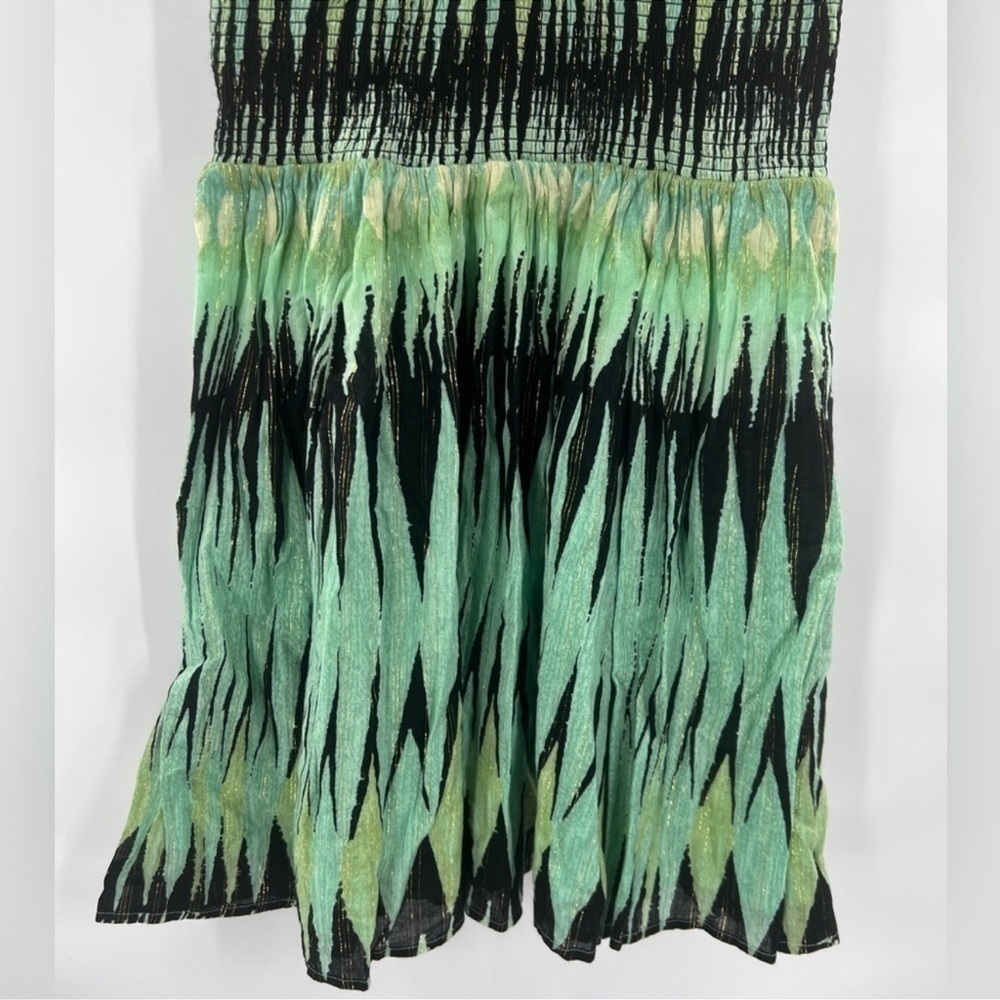 Free People Indian Summer Green Black Ikat Lurex Mini Dress Size S Smocked - Picture 7 of 10